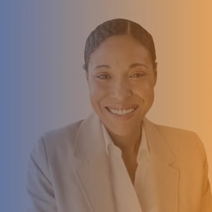 Early 40s black woman wearing a white shirt and beige suit jacket on blue to orange gradient background